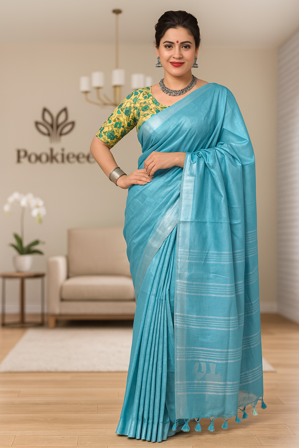 Plain Cotton Linen Saree with Blouse Piece